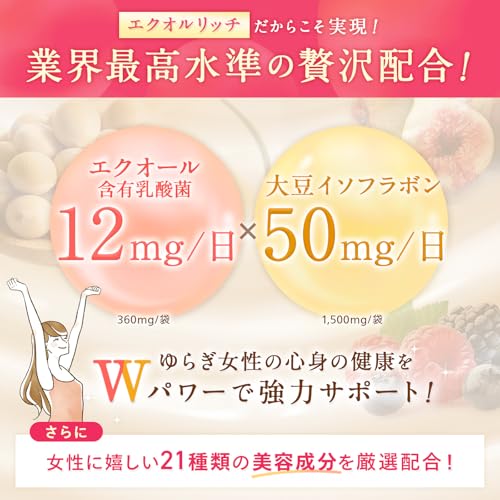 【クリニック共同開発】エクオルリッチ 栄養機能食品 エクオール含有乳酸菌 12mg イソフラボン 50mg えくおーる 国内製造 ビタミンB12 葉酸 GABA プラセンタ α-リポ酸 (30日分) 中間 画像