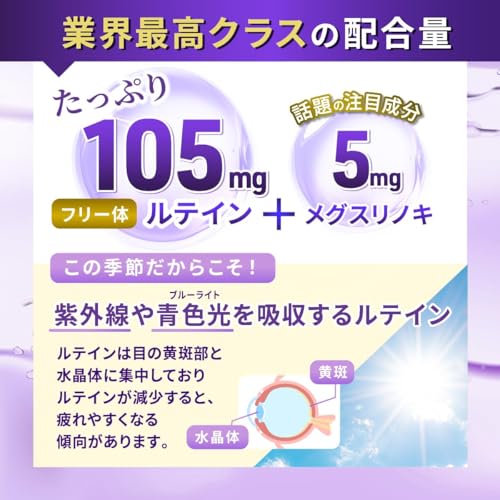 レバンテプレミアム ルテイン サプリ 105mg 製薬会社共同開発 メグスリノキ 5mg 30日分 ゼアキサンチン ブルーベリー 栄養機能食品 抗酸化マルチサプリメント 国内製造 ルテインサプリ 中間 画像