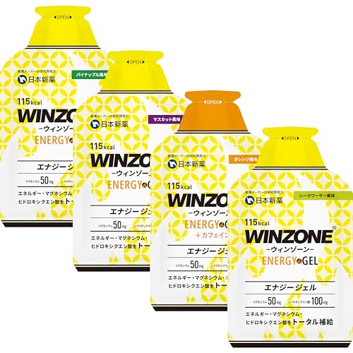 日本新薬 WINZONE（ウィンゾーン）フルマラソン完走セット エナジージェル おためし4味4袋セット（パイナップル、マスカット、オレンジ、シークワーサー風味） マラソン 補給食 国内製造 ヒドロキシクエン酸 マグネシウム エネルギー補給 1