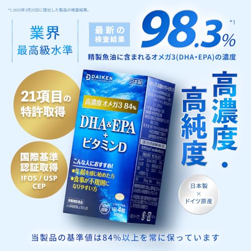 DAIKENダイケン DHA EPA サプリメント、高濃度omega 3、ビタミンD配合、570mg EPA + 380mg DHA ソフトジェル、高含有フィッシュオイル 120粒 (30日分)、日本製 最後 画像