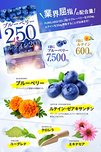 PURELAB ブルーベリー250㎎ ルテイン20㎎ アサイー クランベリー サプリメント 30日分 （製薬会社と共同開発）国内製造 栄養機能食品ビタミンB₂、B₆、B₁₂ 中間 画像