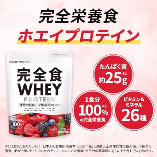 完全食WHEY ホエイ プロテイン 完全栄養食 ベリー風味 たんぱく質24g ビタミン13種 ミネラル13種 WPCプロテイン 900g 食物繊維 30種の栄養 1食分のビタミン&ミネラル26種 乳酸菌 ビフィズス菌 ぷろていん 国内製造 完全食TOKYO ダイエット おいしい 最後 画像