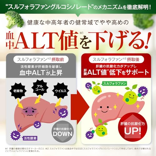 【肝臓対策】 肝機能・体脂肪のWケア 肝臓 サプリ 血中ALT値を下げる 体脂肪の減少をサポート スルフォラファングルコシノレート24mg エラグ酸3mg 60粒 30日分 血中中性脂肪 内臓脂肪 体重 ギムネマ イヌリン サラシア ウコン しじみ 牡蠣エキス オルニチン GABA サプリメント 国内GMP認定工場 新日本ヘルス 中間 画像