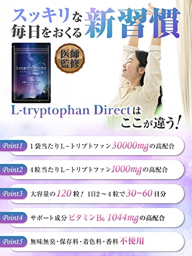 【医師監修】L-トリプトファン サプリ 1袋30000mg 30~60日分 4粒1000mg 120粒 セロトニン ビタミンB6 GMP国内工場製造 最後 画像