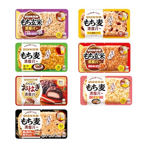 UHA味覚糖（ユーハ味覚糖） もち麦満腹バー＆もち玄米満腹バー スターターセット (7種×各1袋) しそおにぎり風味・おはぎ・ほんのりしお味・キーマカレー風味・焼きおにぎり風味・ごま鮭・鯛とホタテの出汁仕立て（ 朝食/非常食/おやつ/夜食 ） 1