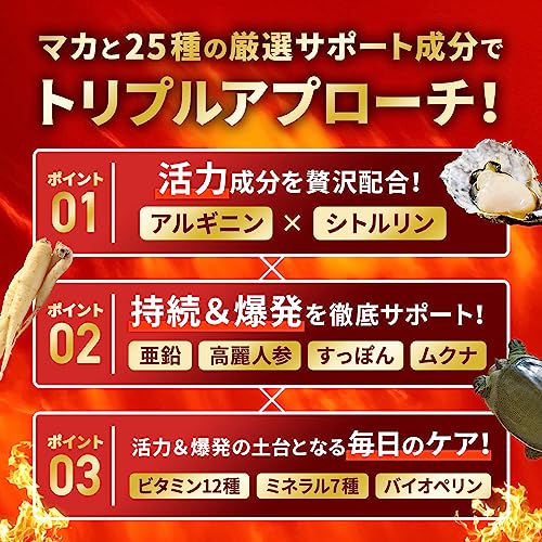 20倍濃縮マカ 120,000mg 活力×爆発力 亜鉛 栄養機能食品 シトルリン アルギニン すっぽん 高麗人参 ビタミン12種 ミネラル7種 60粒 国内GMP製造 サプリメント 新日本ヘルス 中間 画像