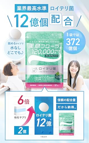 【生きたロイテリ菌がしっかりとれるサプリメント】 ロイテリ菌 タブレット 美息フローラ12億+ プレミアムクリア 大人のクールミント味（31日分） 中間 画像