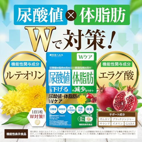 【医師監修】 尿酸値・体脂肪のWケア 尿酸値を下げる 体脂肪の減少をサポート W対策 内臓脂肪 体重 血中中性脂肪 30粒 約30日 ルテオリン10mg エラグ酸3mg ブラックジンジャー GABA ギムネマ イヌリン サラシア 機能性表示食品 国内GMP製造 サプリメント 新日本ヘルス 最後 画像