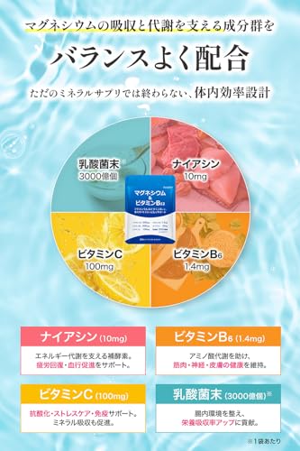 health＋ マグネシウム ビタミンB12 サプリメント ミネラル×ビタミンの健康サポート マグネシウム300mg ビタミンB12 500μg ナイアシン B6 ビタミンC 乳酸菌 配合 90粒 約30日分の特徴・詳細 画像
