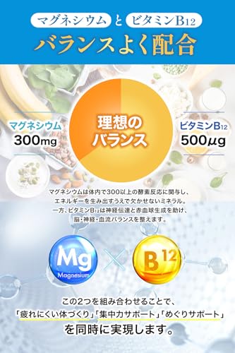 health＋ マグネシウム ビタミンB12 サプリメント ミネラル×ビタミンの健康サポート マグネシウム300mg ビタミンB12 500μg ナイアシン B6 ビタミンC 乳酸菌 配合 90粒 約30日分の特徴・詳細 画像