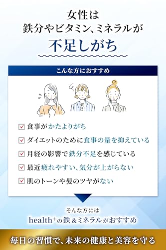 health＋ 鉄&ミネラルサプリメント 女性に必要な 鉄 ミネラルを凝縮配合 (鉄 マグネシウム カルシウム 亜鉛 ビタミンB₆ ビタミンB₁₂ 葉酸 ビタミンC ビタミンⅮ) 60粒 約30日分の特徴・詳細 画像