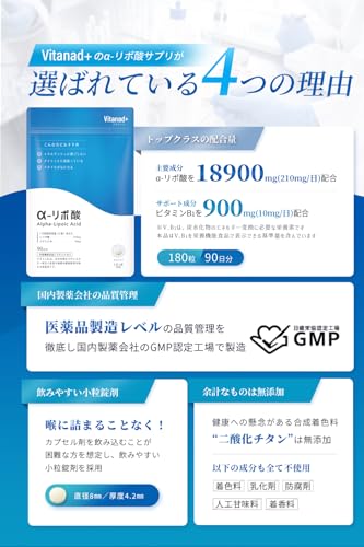 α-リポ酸 サプリ 90日分（1日α-リポ酸210mg配合） 合成着色料「酸化チタン不使用」 国内製薬工場で製造 栄養機能食品 アルファリポ酸 aリポ酸 Vitanad+（ビタナッド）の詳細・まとめ 画像