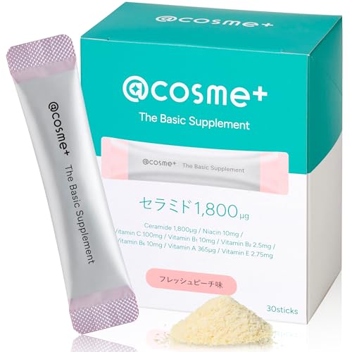 【＠cosme＋】 アットコスメプラス 天然由来 セラミド サプリ 「The Basic Supplement (1日1本水なし) 」 美容 ビタミン マルチビタミン ナイアシン (水に溶かして 美容ドリンク に) ヒアルロン酸 美容サプリ アットコスメ (30包, フレッシュピーチ味) 1