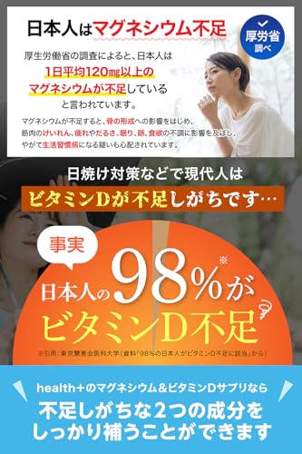 health＋ マグネシウム＆ビタミンⅮサプリ 高濃度 マグネシウム 220ml ビタミンⅮ 2500IU ビタミンⅮ3 ビタミンK 配合 60粒 30日分の特徴・詳細 画像