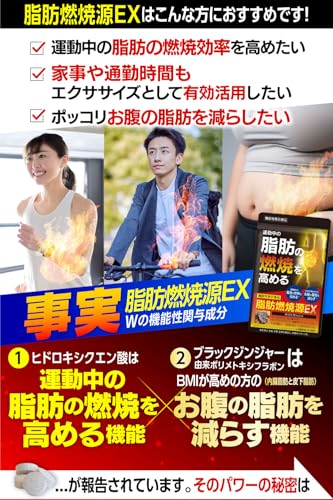 脂肪燃焼源 EX 120粒入り（30日分）運動中 の 脂肪燃焼 を高める [ 機能性表示食品 ヒドロキシクエン酸（HCA） ブラックジンジャー 由来 ポリメトキシフラボン 配合 ] 日本製の特徴・詳細 画像