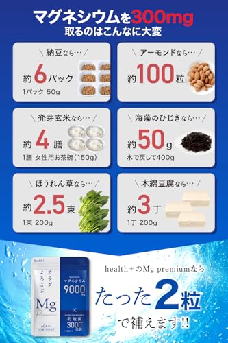 health＋ マグネシウムサプリ 高濃度 マグネシウム 9000ml 乳酸菌 配合 60粒 30日分 (単品)の特徴・詳細 画像