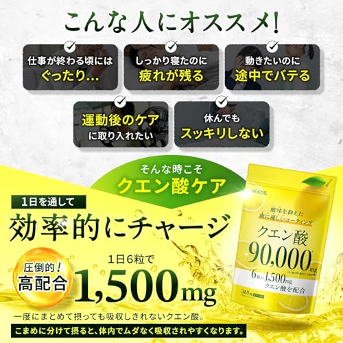クエン酸 90,000mg 歯を痛めない 酸味軽減コーティング 【1日あたりクエン酸1,500mg配合】 大容量 60日分 国内GMP製造 WADSの特徴・詳細 画像