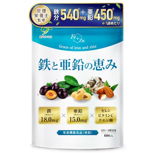 鉄分 亜鉛 【管理栄養士監修 鉄 18mg×亜鉛 15mg】 セレン ビタミンC クエン酸 竹炭 サプリ 鉄と亜鉛の恵み 60粒 30日〜60日分 健やかの杜 (1袋) 1