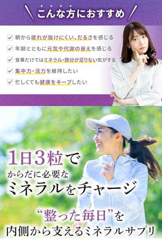 health＋ マグネシウム 鉄 亜鉛 サプリ ミネラルバランスで毎日の元気をサポート マグネシウム300mg 鉄10mg 亜鉛10mg配合 90粒 約30日分の特徴・詳細 画像