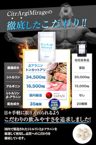 シトルリン アルギニン サプリ 計51,000mg βアラニン 高配合 ビール酵母 亜鉛 栄養機能食品 サプリメント L-シトルリン34,500mg L-アルギニン16,500mg アミノ酸 日本製 GMP 国内製造 30日分 Citr Argi Mirageの特徴・詳細 画像
