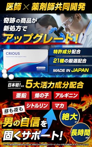 【医師・薬剤師監修】シリアス 蜂の子 マカ 亜鉛15mg配合 シトルリン アルギニン 厳選成分配合 サプリ 国内生産 crious 30錠入り【蜂の子配合】の詳細・まとめ 画像
