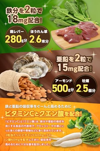 鉄分 亜鉛 【管理栄養士監修 鉄 18mg×亜鉛 15mg】 セレン ビタミンC クエン酸 竹炭 サプリ 鉄と亜鉛の恵み 60粒 30日〜60日分 健やかの杜 (1袋)の特徴・詳細 画像