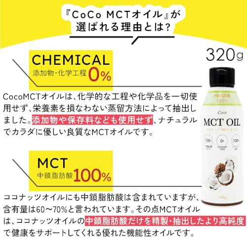 フラット・クラフト MCTオイル 320g ココナッツ由来100% 中鎖脂肪酸100% C8 C10 糖質制限 新日本製薬ウェルネスフードの詳細・まとめ 画像