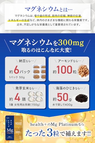health＋ マグネシウムplatinum マグネシウムサプリ 高濃度 マグネシウム 9000ml 乳酸菌 5000億個 ビタミン ミネラル リラックス成分配合 90粒 30日分の特徴・詳細 画像