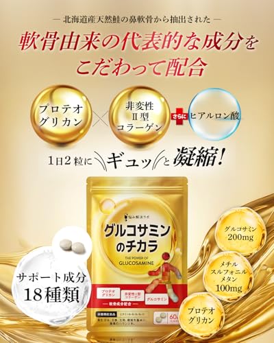 グルコサミンのチカラ プロテオグリカン グルコサミン コンドロイチン 非変性Ⅱ型 コラーゲン 膝 関節 サプリ30日分 60粒 ヒアルロン酸 glucosamine 国内製造 悩み解決ラボの特徴・詳細 画像
