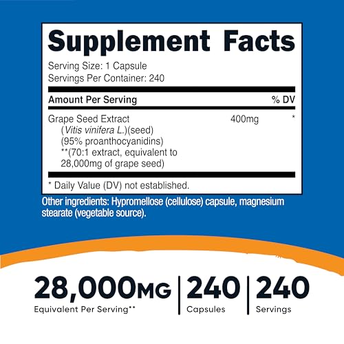 Nutricost グレープシードエキス 28,000mg、240カプセル - 非遺伝子組み換え、グルテンフリー、ベジタリアン対応の詳細・まとめ 画像