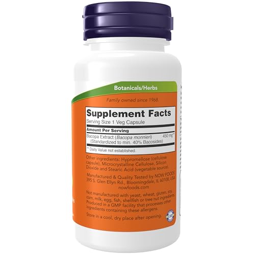 NOW Foods, バコパエキス、450mg、植物性カプセル90粒の詳細・まとめ 画像