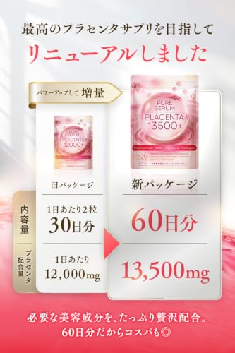 【60日分】50倍濃縮プラセンタ13500mg +４大美容成分 ピュアセラム プラセンタ ナイアシンアミド CICA 超低分子コラーゲン 日本製 美肌 美容 サプリ 美容クリニック監修 セラミド エラスチン 大豆イソフラボン配合の詳細・まとめ 画像