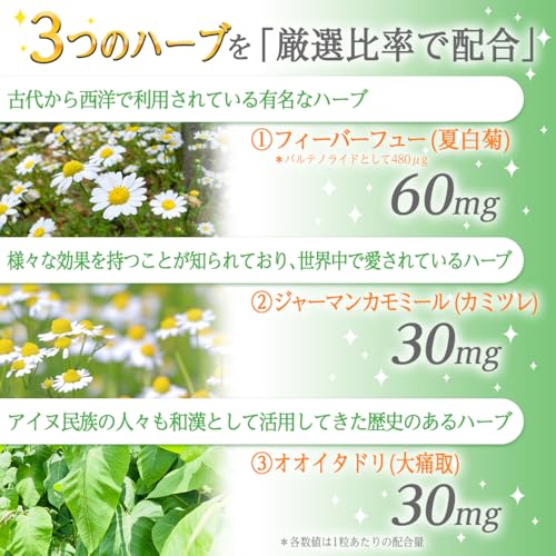 ズキサポ Herbs|フィーバーフュー 60mg 配合/植物由来ハーブサプリ/毎日頑張る女性の食生活サポート/国産・30日分の特徴・詳細 画像