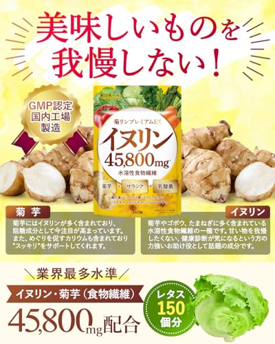 【医師監修】 菊リンプレミアムEX イヌリン45,800mg 水溶性食物繊維 菊芋 サラシア 乳酸菌 ビタミン11種 240粒 新日本ヘルスの特徴・詳細 画像