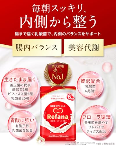 リファーナ 乳酸菌 ビフィズス菌 酪酸菌 サプリ 6兆個 30日分 国内製造 オリゴ糖 イヌリン ナットウキナーゼ プロバイオティクスの詳細・まとめ 画像