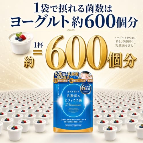 元気を届ける乳酸菌＆ビフィズス菌 PREMIUM 乳酸菌 17種類 ビフィズス菌 6種類 6兆個の菌 酪酸菌 イヌリン ナットウキナーゼ オリゴ糖 30日分 (単品)の特徴・詳細 画像