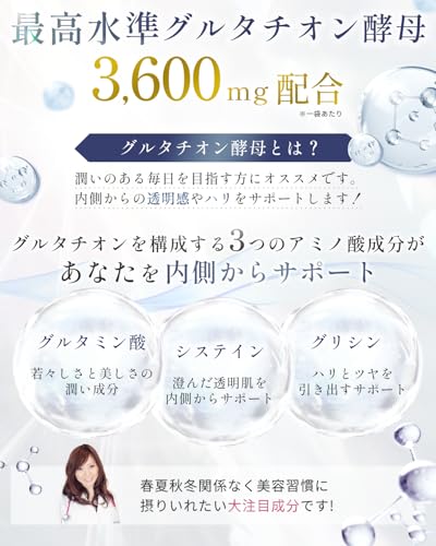 【美容皮膚科医が監修】 グルタチオン 含有酵母エキス3600㎎ 【飲む白玉美容サプリ】 L-シスチン 8400㎎ 6種類のビタミン プラセンタ GlutachiVitaWhite 国内製造 カプセル (1箱（30日分）)の特徴・詳細 画像