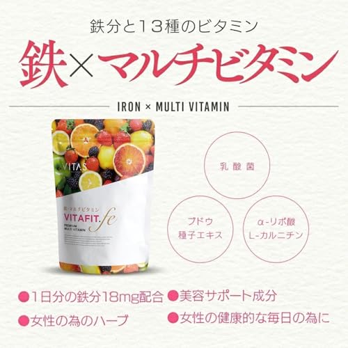 VITAS（バイタス） VITA FIT.fe ビタフィット 鉄 葉酸 鉄分 ブドウ種子エキス 女性の為のマルチビタミン サプリ 120粒 1日4粒 30日分 12種類の栄養機能食品日本製の特徴・詳細 画像