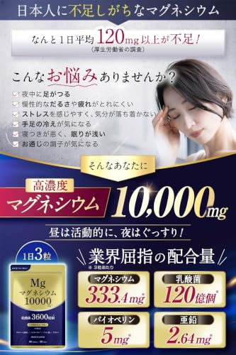 【医師・管理栄養士監修】 高濃度 マグネシウム サプリ 10000mg 乳酸菌 特許成分 リポソーム亜鉛 グリシン クエン酸 配合 90粒 30日分の特徴・詳細 画像