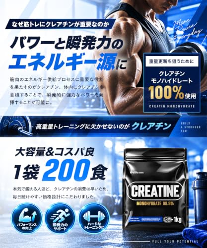 【大容量】 クレアチン モノハイドレート 1kg 200食分 高純度99.9% 無添加 大容量 人工甘味料不使用 Wellioの特徴・詳細 画像